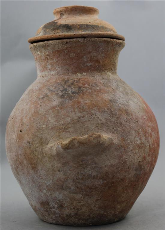 A Greek Cypriot redware vase and a Greek terracotta ring bowl, c.3rd century BC, 10cm